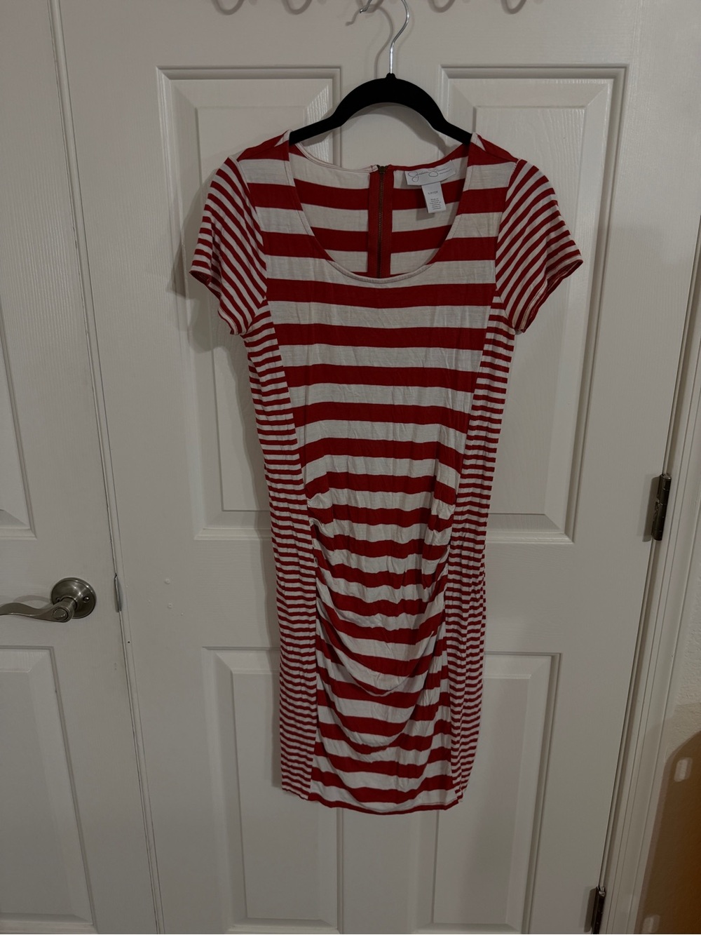Jessica Simpson Maternity S Rust Red Ivory Striped Ruched Bodycon Midi Dress